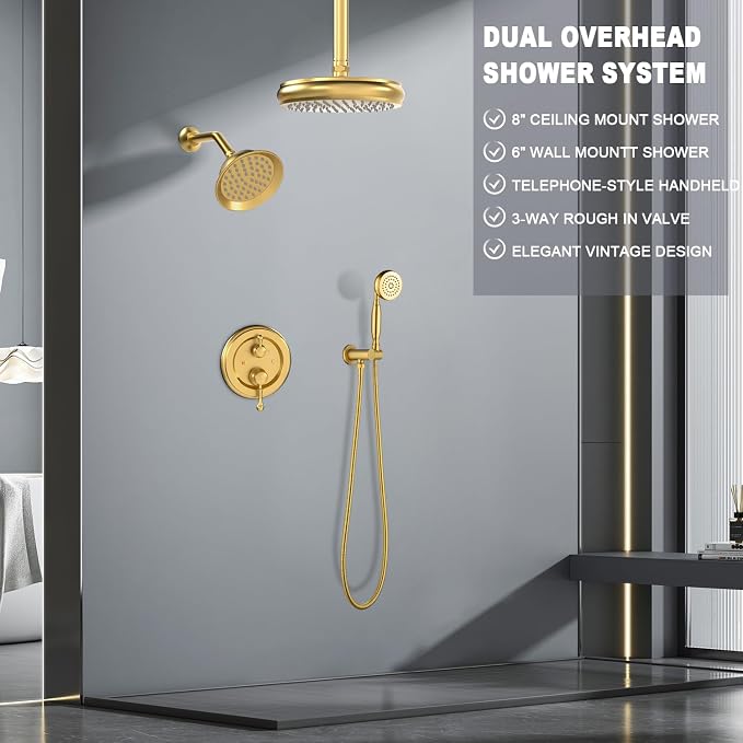 Enga Antique Dual Shower Head Faucet Set - 8" Ceiling Mount Rain Shower & 6" Wall-Mounted Vintage Rainfall + Handheld Spray Combo, Brushed Gold