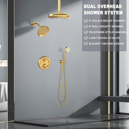 Enga Antique Dual Shower Head Faucet Set - 8" Ceiling Mount Rain Shower & 6" Wall-Mounted Vintage Rainfall + Handheld Spray Combo, Brushed Gold