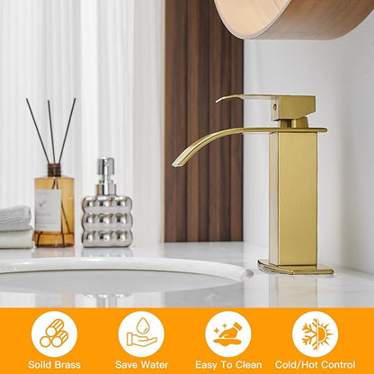 BESy Brushed Gold Waterfall Bathroom Faucets, Single Hole Single Handle Bathroom Sink Faucet, 1 Hole Rv Vanity Faucet 3 Hole Deck Plate