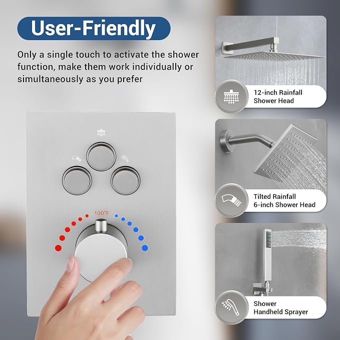 Thermostatic Dual Shower System, Shower Faucet(Brushed Nickel) | 12 Inch Rainfall Shower Head, 6 Inch Wall Mount Head, High Pressure Handheld Sprayer, Push Button Valve