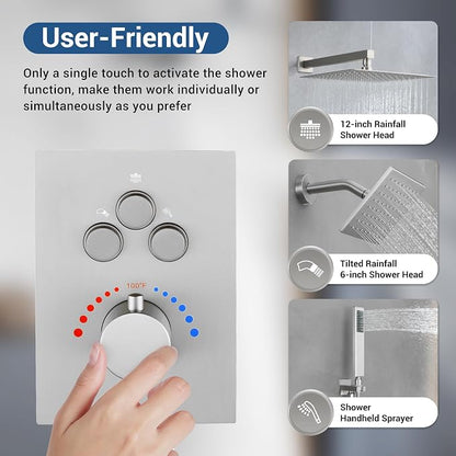 Thermostatic Dual Shower System, Shower Faucet(Brushed Nickel) | 12 Inch Rainfall Shower Head, 6 Inch Wall Mount Head, High Pressure Handheld Sprayer, Push Button Valve