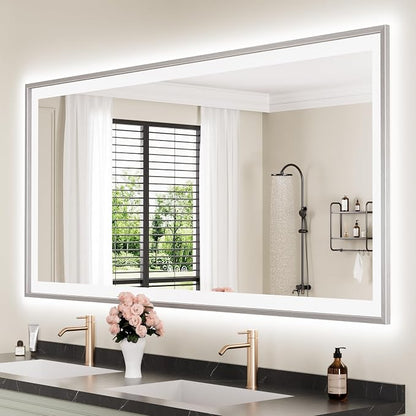 60x28 Inch LED Bathroom Mirror with Silver Frame | Silver Metal Frame, Front and Backlit, 3 Colors, Dimmable, Memory, Anti Fog, Tempered Glass, Lighted Mirror for Wall