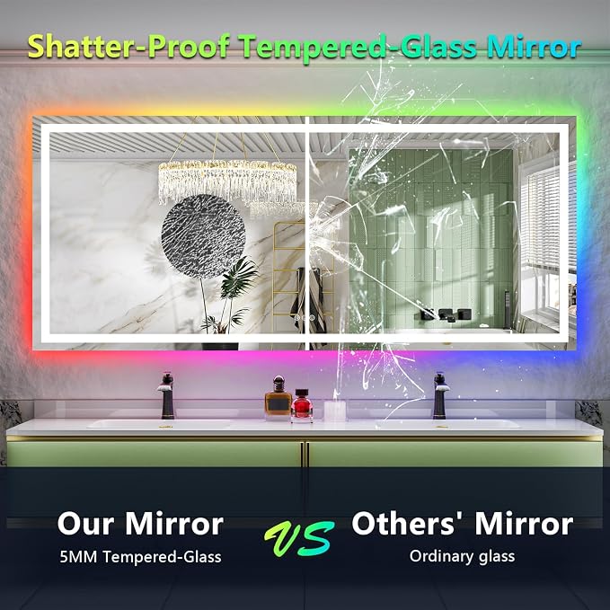68x38 LED Bathroom Mirror with Lights, RGB Backlit Lighted Mirror | Backlit and Front Light, Anti-Fog, 3 Color Dimmable, Memory, Tempered Glass, IP54 Waterproof, UL Listed