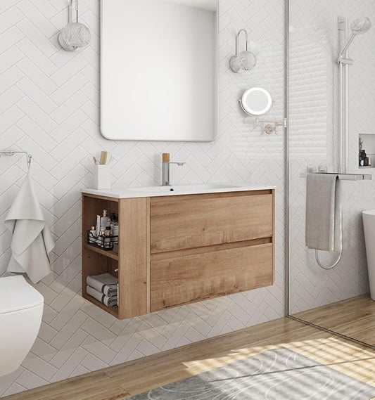 Henf 30 Inch Wall Mount Bathroom Vanity W/Sink Combo, Modern Design Vanity Cabinet with Gel Basin, Floating Mounting Bathroom Cabinet Set with 2 Drawer and Adjustable Storage Shelf, Oak