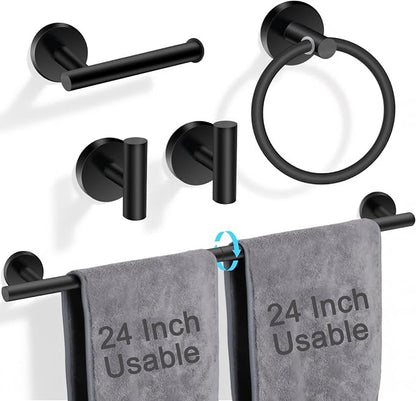 5-Piece Matte Black Bathroom Hardware Set, SUS304 Stainless Steel Wall Mounted Bathroom Accessories, 24 Inch Towel Bar, Towel Ring, Toilet Paper Holder, 2 Hooks, Rustproof Modern Bathroom Fixtures