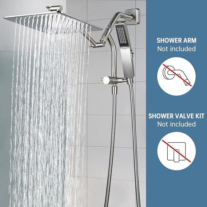 G-Promise 12 Inch All Metal Rain Shower Head with Handheld (Brushed Nickel) | Full Body Coverage, Pause Mode Diverter, Power Wash Mode Handheld, Suits Every Height, Easy to Install, Modern Bath Upgrade