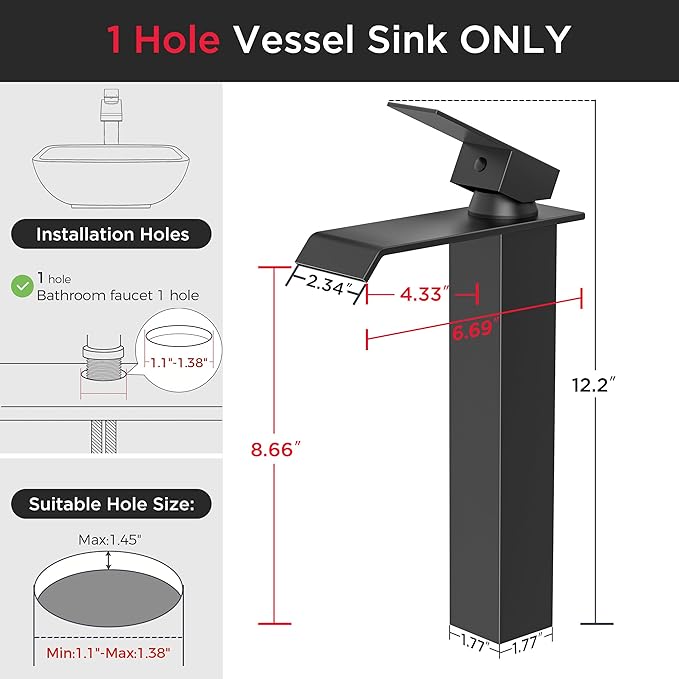 Forious Matte Black Vessel Bathroom Sink Faucets 1 Hole, Tall Waterfall Bathroom Faucet Single Handle with Pop Up Drain and Supply Lines, Deck Mount