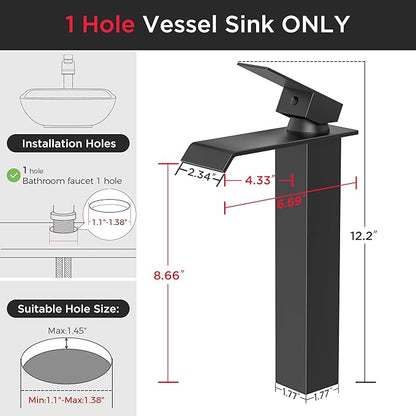 Forious Matte Black Vessel Bathroom Sink Faucets 1 Hole, Tall Waterfall Bathroom Faucet Single Handle with Pop Up Drain and Supply Lines, Deck Mount