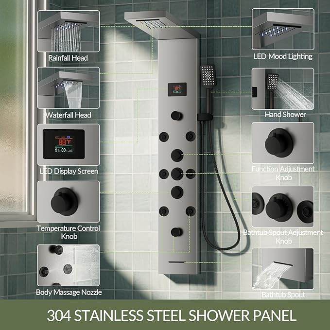 5 In 1 Shower Panel Tower System, 304 Stainless Steel LED Rainfall Shower Head with 8 Massage Body Jets, 3 Functions Handheld Head and Tub Spout for Home Hotel Bathroom Lavatory, Brushed Nickel