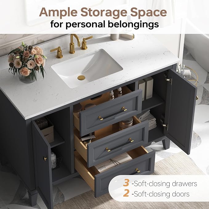 48 Inch Bathroom Vanity with Sink, Fully Assembled, Deep Grey | Solid wood vanity with engineered stone countertop and backsplash, Soft-close doors, 3 dovetail drawers, Ceramic Sink