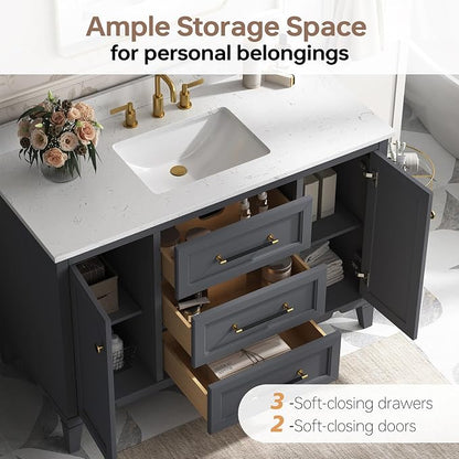 48 Inch Bathroom Vanity with Sink, Fully Assembled, Deep Grey | Solid wood vanity with engineered stone countertop and backsplash, Soft-close doors, 3 dovetail drawers, Ceramic Sink