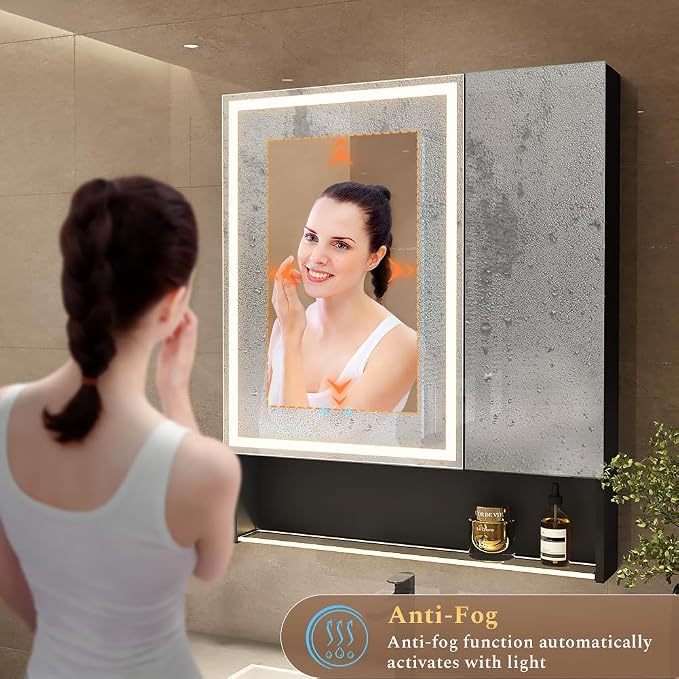 30"×34" LED Lighted Medicine Cabinet with Backlight, Adjustable Brightness 3 Color Temperature Lighting Anti-Fog Mirror 2 Socket & 2 USB Ports & Adjustable Shelf Wall Mounted
