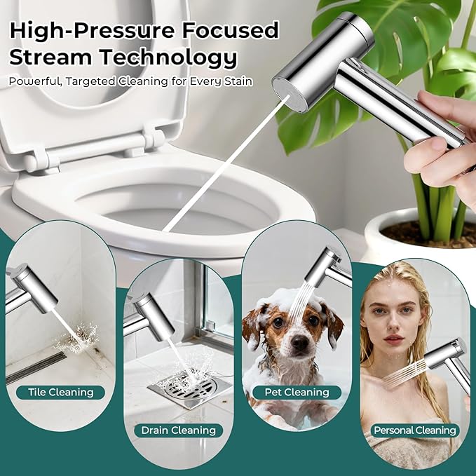 Handheld Bidet Sprayer for Toilet, Adjustable Water Pressure Control Rotary Switch with Bidet Hose, Exclusive Single Nozzle High Pressure Mode for Cleaning Stubborn Stains, Chrome-2