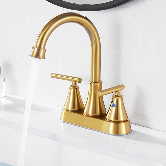 Bathroom Sink Faucet 4 Inch 2 Handle Centerset Brushed Gold Lead-Free Modern Bathroom Faucet Vanity Faucet with Pop-up Drain Stopper and Supply Hoses