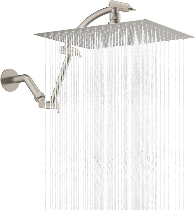 Hibbent All Metal 12'' Rain Shower Head, 16'' Extension Arm, Brushed Nickel | cUPC Certified High Pressure Rainfall Showerhead with Solid Brass Adjustable Shower Head Extension Arm, Fixed Showerheads