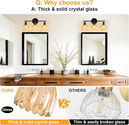 Bathroom Light Fixtures, 3-Light Brushed Black Vanity Lights for Bathroom with Amber Tulip Glass Shade, 20" Vintage Bathroom Vanity Lighting Fixtures Over Mirror for Bedroom Living Room Hallway