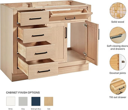 ARIEL Hepburn 42-inch Bathroom Vanity Base Cabinet,Solid Wood, 2 Soft Closing Doors, 5 Dovetail Drawers, White Oak