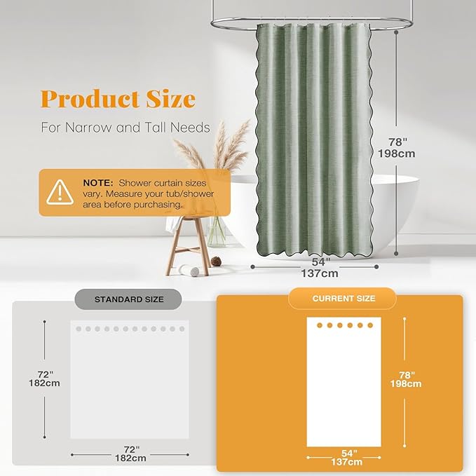 BTTN Stall Shower Curtain, 54×78 Boho Scalloped Linen Textured Heavy Duty Fabric Shower Curtain Set with 10 Hooks, Narrow Neutral Modern Rustic Waterproof Cloth Shower Curtain for Bathroom, Sage Green