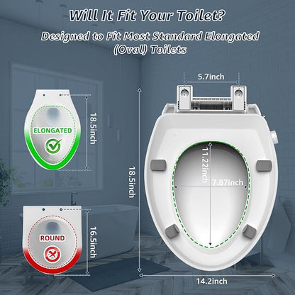 Raised Bidet Toilet Seat Elongated 18.5" – Soft Close, Dual Self-Cleaning Nozzles, Quick Release & Connect, Sturdy PP, Won't Loosen, Ideal for Seniors, Elderly & Limited Mobility, White