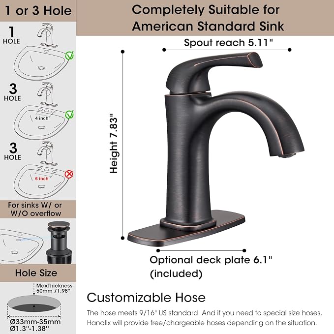 Bathroom Sink Faucet 1 Hole Oil Rubbed Bronze Bathroom Faucets | For Vanity One Hole Bathroom Faucet with Pop Up Drain & Deckplate Farmhouse