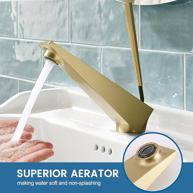 Bathroom Sink Faucet Brushed Gold, Single Handle Brass Sink Faucet with Unique Design, Single Hole Basin Mixer for Lavatory, Vanity, RV, Modern Farmhouse, Suitable for 1 Hole