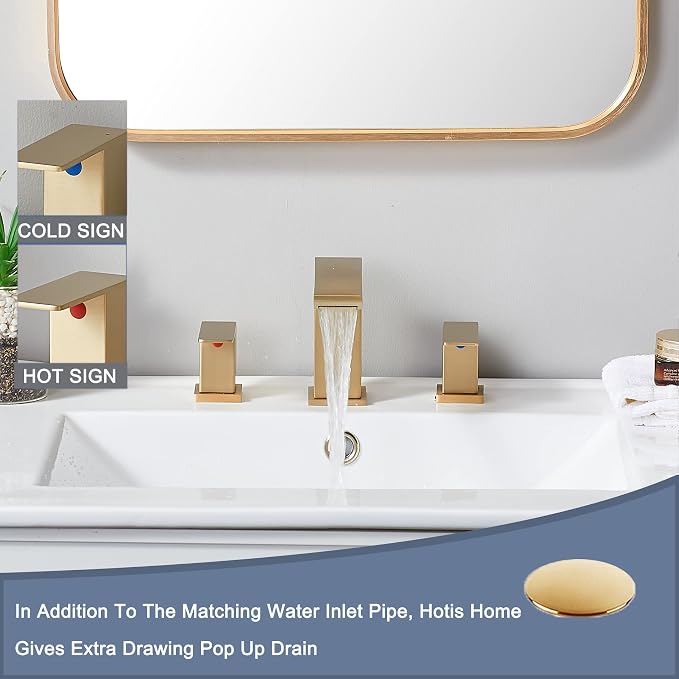 Brushed Gold Bathroom Sink Faucet, 3 Hole Waterfall Bathroom Faucet, 2 Handle Vanity Bath Faucets, Modern Bathroom Faucet with Supply Hoses and Drain, HT-BF301