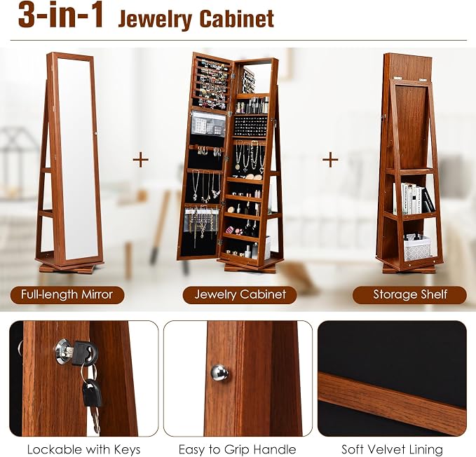 LOKO 360° Rotating Jewelry Armoire, Freestanding Jewelry Cabinet with Inside Makeup Mirror, 2-in-1 Lockable Jewelry Organizer w/Full-Length Mirror for Women (Walnut)