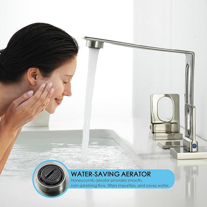 Bathroom Sink Faucet 3 Hole, BAKALA 8-inch Brushed Nickel Widespread Faucet, 2 Handle Modern Vanity Bathroom Faucets with Water Supply Hoses, Hollowed Design
