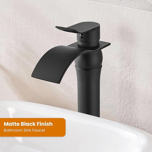 gotonovo Waterfall Vessel Sink Faucet for Sink 1 Hole,Single Handle Tall Bathroom Sink Faucet,Brass Waterfall Bathroom Faucet Arc Body Mixer Tap with Pop Up Drain and Supply Line,Matte Black
