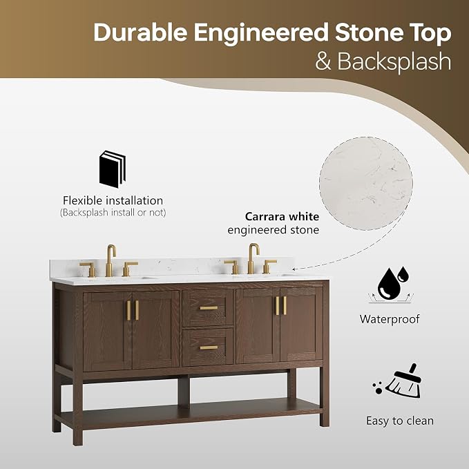 60 Inch Bathroom Vanity with Double Sink, Walnut | Farmhouse Bathroom Vanity with 2 Dovetail Drawers & Open Shelf, Engineered Stone Countertop with Backsplash, Fully Assembled