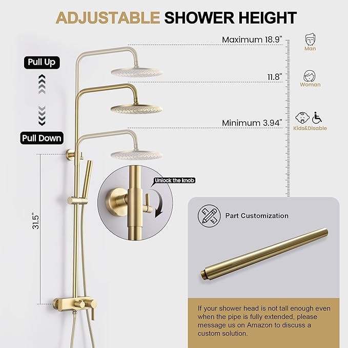 Brushed Gold Exposed Shower System with 2 Modes HandHeld,3 Functions Tub Shower Faucet Sets with Brass Valve, Shower Fixture with 10 Inches Rainfull Shower Head,Shower Height Adjustable