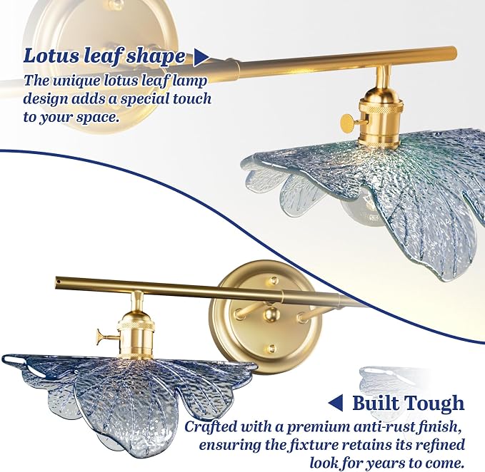 2 Light Vintage Wall Sconces with Glass Shades,Vanity Light,Bathroom Light,Wall Lighting Fixture for Mirror,Home Decor Art Wall Light (Golden+Blue, 2-Lights)