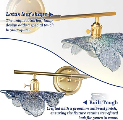 2 Light Vintage Wall Sconces with Glass Shades,Vanity Light,Bathroom Light,Wall Lighting Fixture for Mirror,Home Decor Art Wall Light (Golden+Blue, 2-Lights)