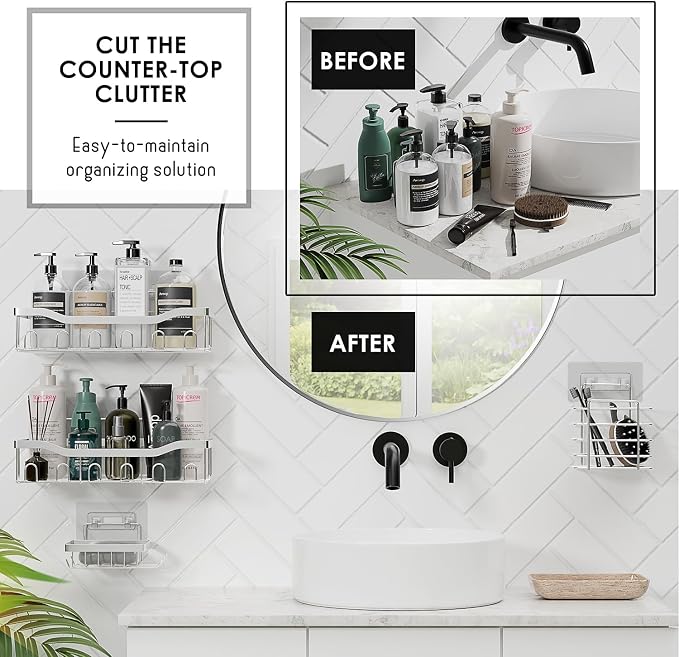 Clara Clark Bathroom Set - Grey Bathroom Accessories Set, 24PC Bathroom Accessory Set, Bathroom Sets with Shower Curtain Set, Adhesive Corner Shower Caddy Hanging & Soap Dispenser