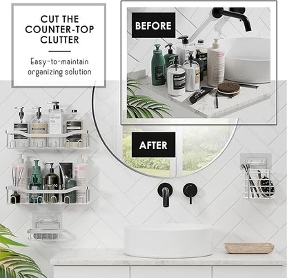Clara Clark White Bathroom Set - Bathroom Sets with Shower Curtain and Rugs, 26PC Bathroom Accessory Set, Shower Curtain Set with Adhesive Corner Shower Caddy Hanging & Soap Dispenser