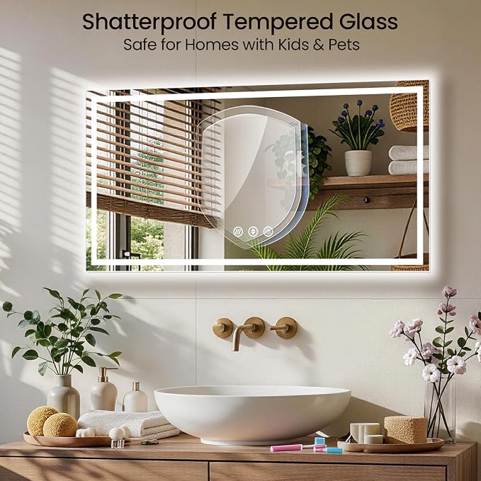 48x30 LED Bathroom Mirror with Anti-Fog, Backlit & Front Lights, Memory | Dimmable 3 Color CRI 95+ Shatterproof Tempered Glass ETL Listed for Safety Lighted Bathroom Vanity Mirror for Wall