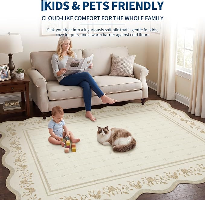 Garvee Washable Rugs for Living Room 8x10 Area Rugs Scalloped Rug Ivory | Modern Bordered Non Slip Large Kids Bedroom Carpet Indoor Stain Resistant Floor Cover for Bedroom Dining Room Office Nursery