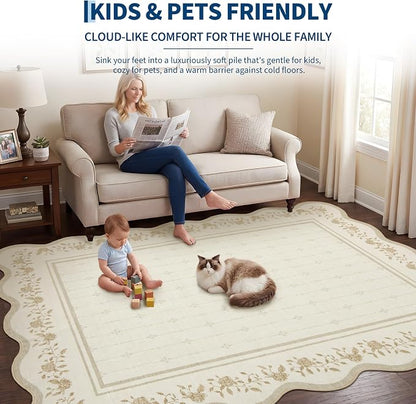 Garvee Large Area Rug Washable 10x13 Scalloped Floral Living Room Rug Ivory | Soft Non Slip Low Pile Indoor Carpet Stain Resistant Modern Bordered Accent Carpet for Bedroom Nursery Kids Room Office