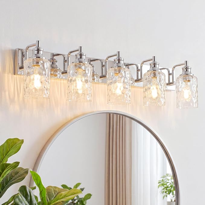 Bathroom Light Fixtures Over Mirror, 2 Lights Vanity Lights with Hammered Glass Shade, 37" Chrome Farmhouse Bathroom Light Fixtures for Bedroom, Porch, Hotel, Mirror Cabinet
