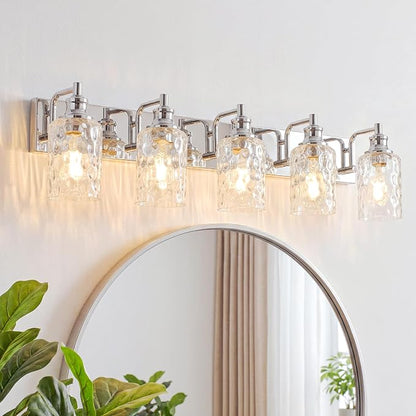 Bathroom Light Fixtures Over Mirror, 2 Lights Vanity Lights with Hammered Glass Shade, 37" Chrome Farmhouse Bathroom Light Fixtures for Bedroom, Porch, Hotel, Mirror Cabinet