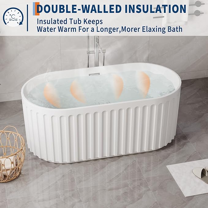 59" Freestanding Bathtub, Acrylic Soaking Tub with V Shape Pleated Design, Chrome Drain & Classic Slotted Overflow, CUPC Certified, Gloss White for Modern Bathroom