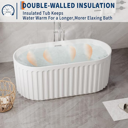 59" Freestanding Bathtub, Acrylic Soaking Tub with V Shape Pleated Design, Chrome Drain & Classic Slotted Overflow, CUPC Certified, Gloss White for Modern Bathroom