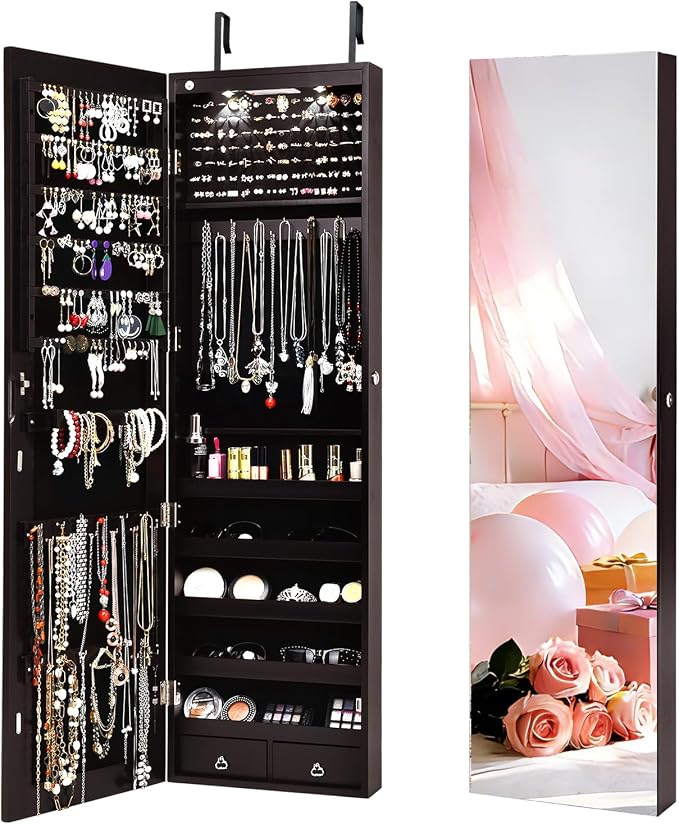NAFORT 2 LEDs Mirror Jewelry Cabinet, 47.5-Inch Tall Wall or Door Mounted Jewelry Organizers and Storage with Frameless Full-length Mirror, Lockable Jewelry Armoire with 2 Drawers, Espresso
