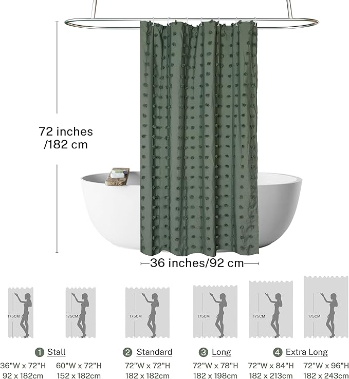Small Stall Green Boho Shower Curtain Woven Fabric Cute Shower Curtain, 36 x 72 Tufted Pleat Floral Textured Modern Farmhouse Minimalist Shower Curtain Set with Hooks for Bathroom