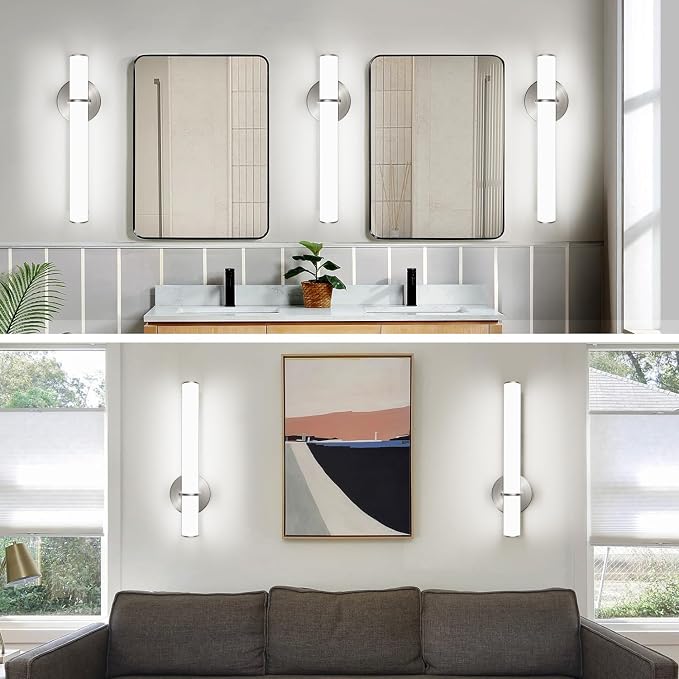 2-Pack 17.3” LED Vanity Light, 12W 1200LM 5000K Daylight Dimmable Bathroom Light Vertical or Horizontal, Modern Brushed Nickel Bathroom Led Wall Sconces, Energy Saving, for Mirror Living Room