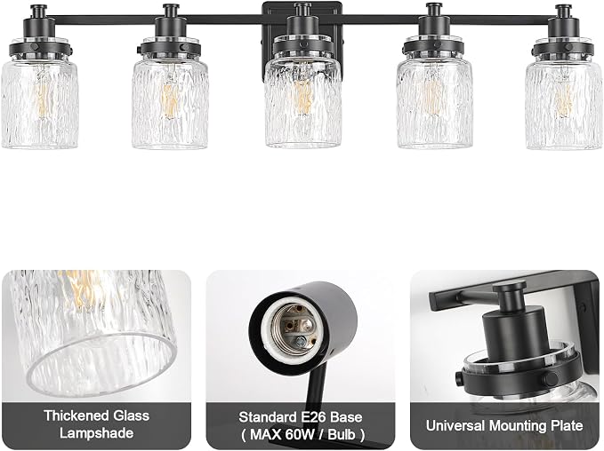 5 Light Bathroom Light Fixtures Farmhouse Black Vanity Lights | ETL Certificate, Easy to Install,Wall Mount Up or Down,Hammered Glass Lampshade,E26 Socket,Hardwired,120V