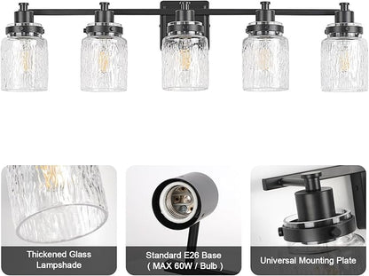 5 Light Bathroom Light Fixtures Farmhouse Black Vanity Lights | ETL Certificate, Easy to Install,Wall Mount Up or Down,Hammered Glass Lampshade,E26 Socket,Hardwired,120V