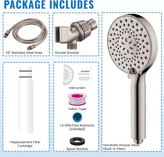 Filtered Shower Head with Handheld, High Pressure 9-Spray Modes Detachable Shower Head with Filter for Hard Water-Remove Chlorine & Impurities, 2 Filters, Brushed Nickel