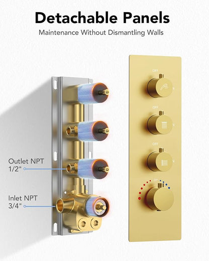 64 Color LED Mood Lighting Rainfall Shower System, 20" Ceiling Mount Bathroom Shower Faucet Set (Brushed Gold)