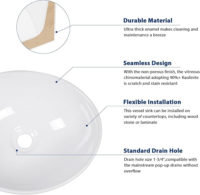 Sarlai Oval Vessel Sink - 16"x13" Bathroom Sink Oval Shape Above Counter White Porcelain Ceramic Bathroom Vessel Vanity Sink Art Basin